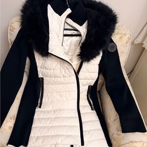 Calvin Klein Black and Cream Fur-Trimmed Puffer Jacket